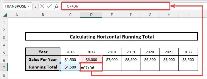 horizontal running total in excel 