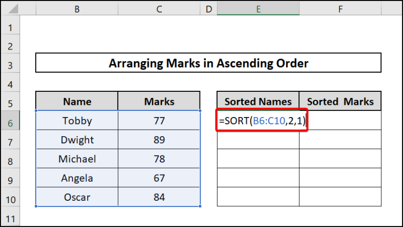 SORT function to arrange numbers in ascending order