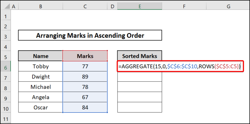 AGGREGATE and ROWS functions to arrange numbers in ascending order
