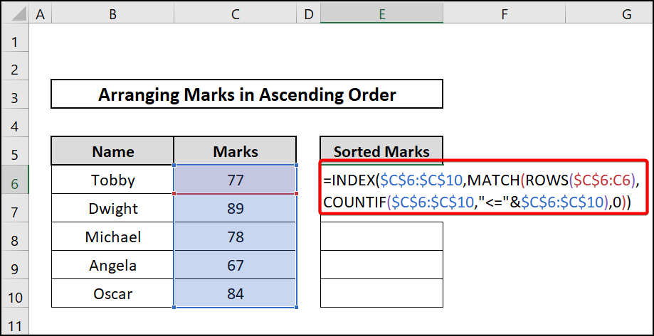  INDEX, MATCH, COUNTIF, and ROWS functions to arrange numbers in ascending order