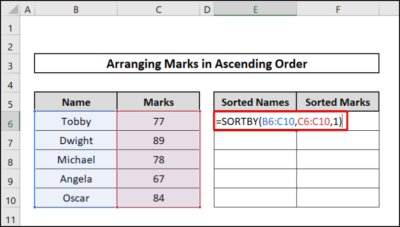 SORTBY function to arrange numbers in ascending order