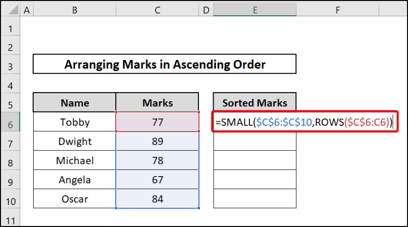 SMALL and ROWS functions to arrange numbers in ascending order