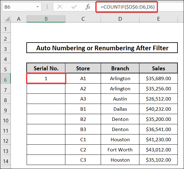 how to auto number or renumber after filter using countif function
