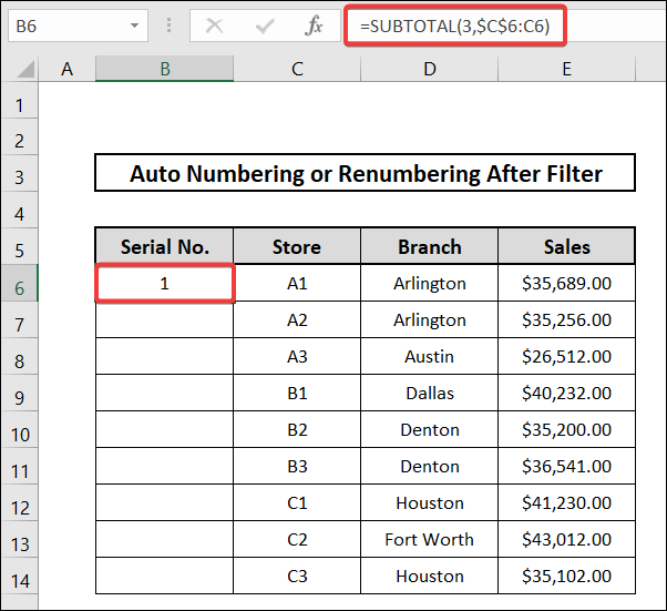 how to auto number or renumber after filter using subtotal function