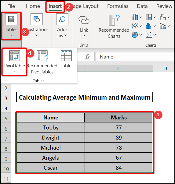 Using Pivot Table to calculate average minimum and maximum in excel