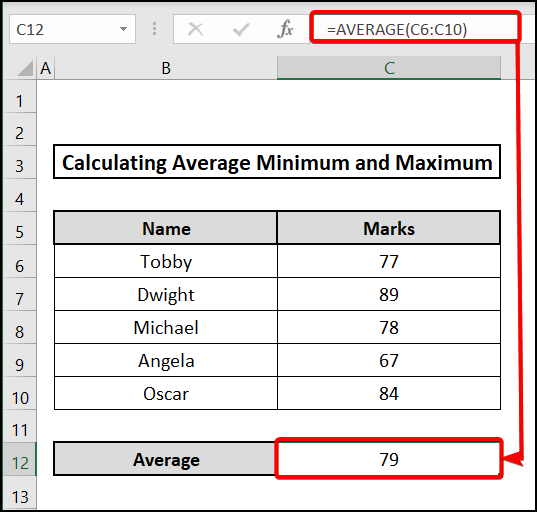 AVERAGE function to calculate average minimum and maximum in excel
