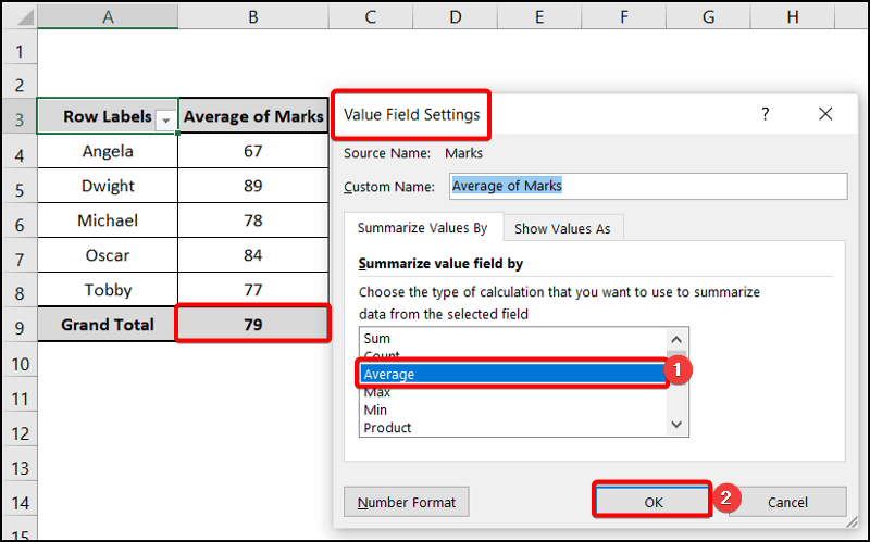 Value field settings to calculate average minimum and maximum in excel