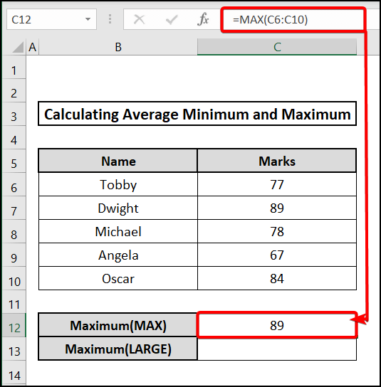 MAX function to calculate average minimum and maximum in excel