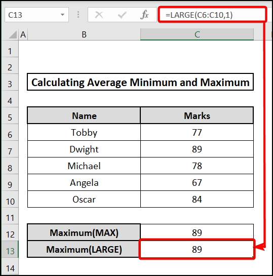 LARGE function to calculate average minimum and maximum in excel