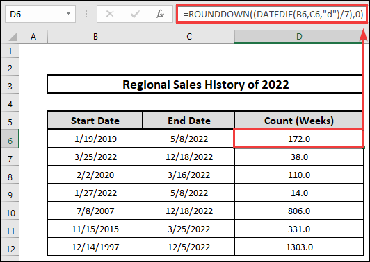 Use of the ROUNDDOWN function to calculate weeks from a date range without decimals. 