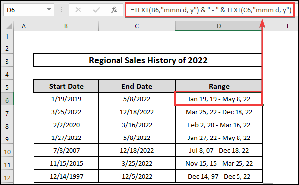 Use of TEXT function to a create date range in Excel.