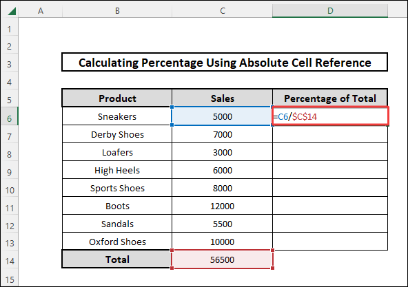 how to calculate percentage in excel using absolute cell reference by applying keyboard shortcut formula