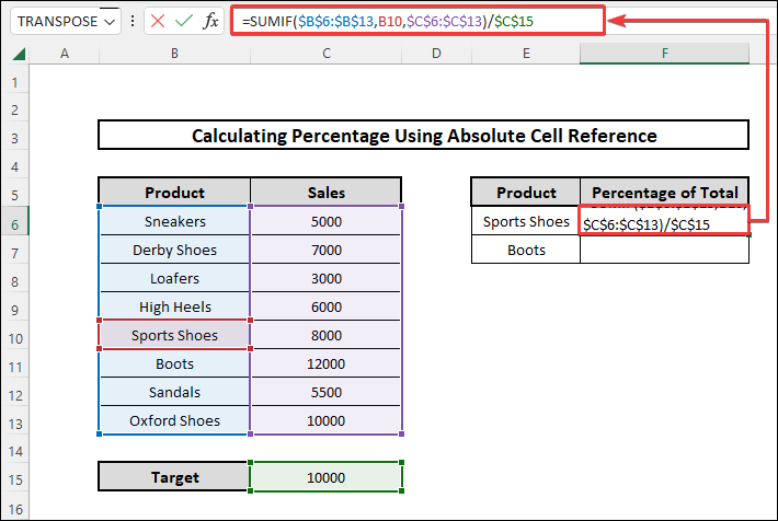 how to calculate percentage in excel using absolute cell reference by applying SUMIF Function formula