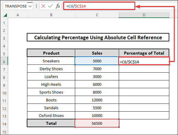 how to calculate percentage in excel using absolute cell reference using conventional method formula