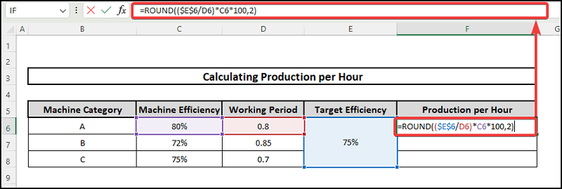how to calculate production per hour in excel