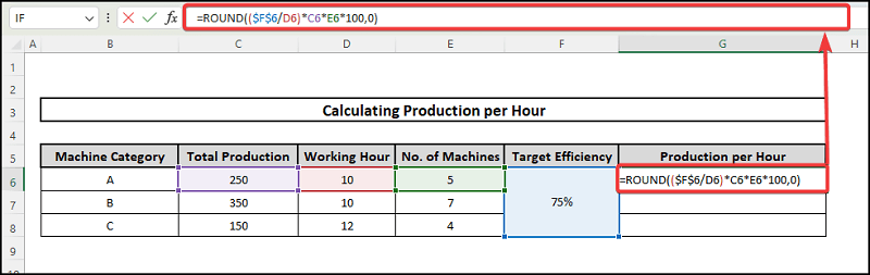 how to calculate production per hour in Excel