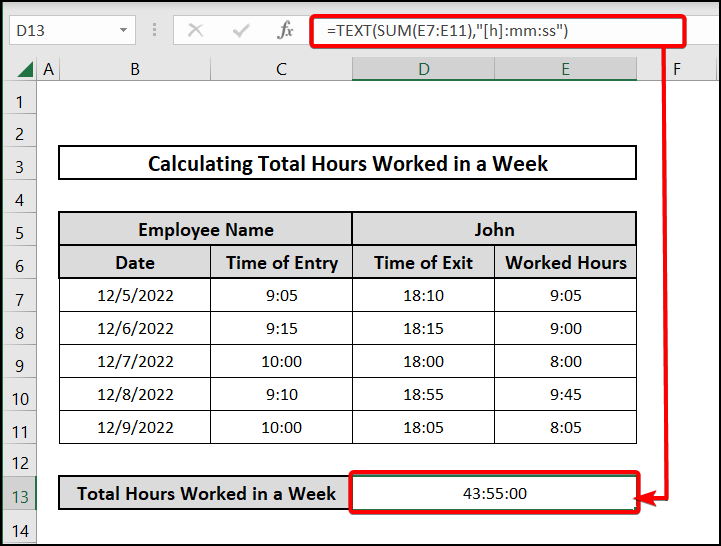 TEXT and SUM functions to calculate total hours worked in a week in excel