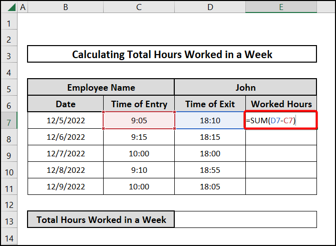 Basic approach to calculate total hours worked in a week in excel