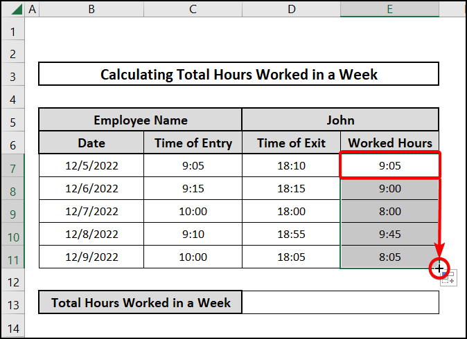 Autofilll to calculate total hours worked in a week in excel