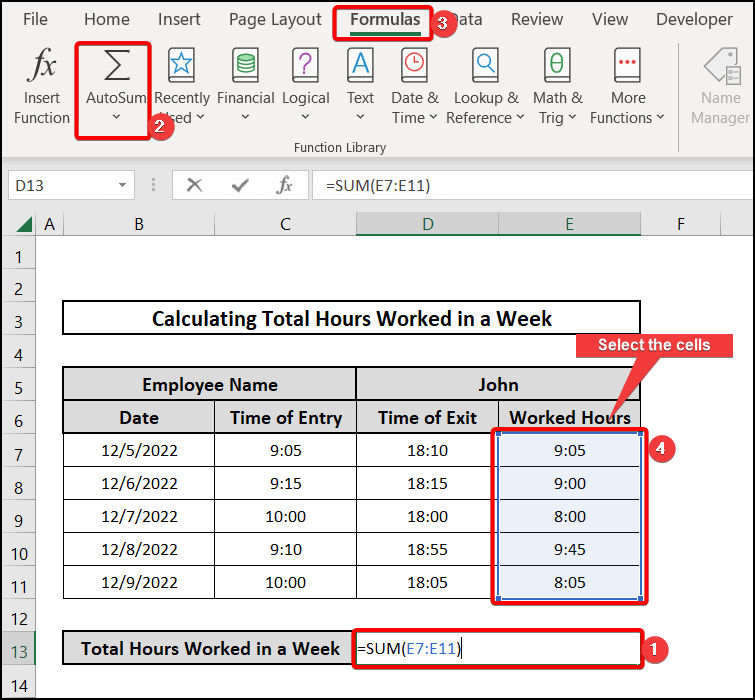 AutoSum function to calculate total hours worked in a week in excel