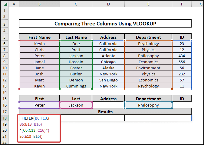 how to compare three columns in excel using vlookup Filter function