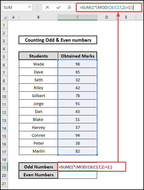 SUM & MOD functions to count odd numbers