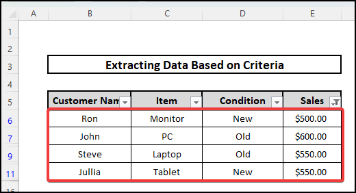 Inserting Excel's Filter Command Tool to learn how to extract data from excel based on criteria