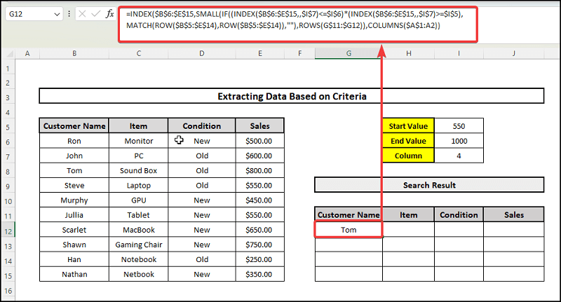 putting formula of how to extract data from excel based on criteria