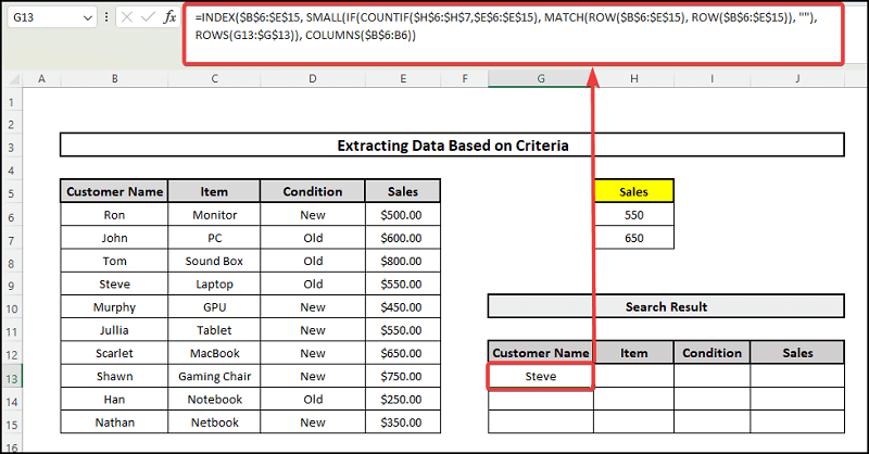 Putting formula of how to extract data from excel based on criteria 