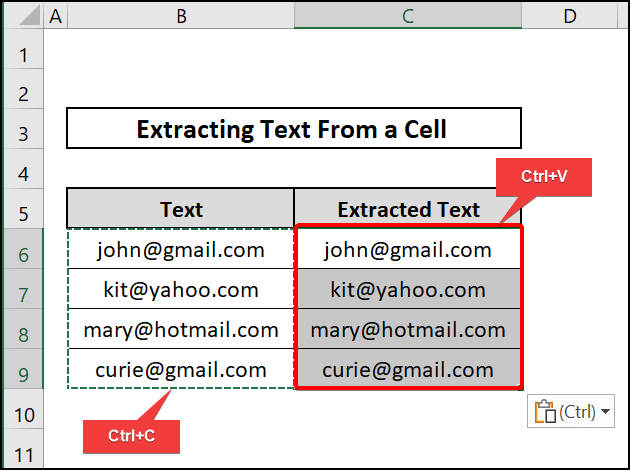 Copy & paste to extract text from a cell in excel