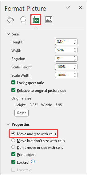 how to fix fixed objects will move in excel by enabling Move and size with cells