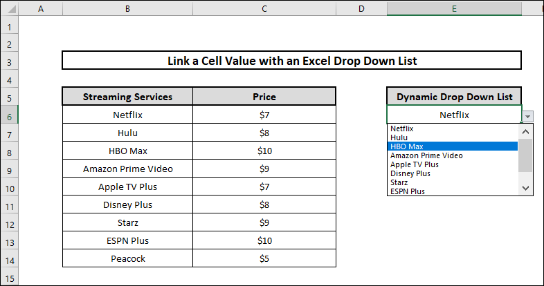 how to link a cell value with an excel drop down list