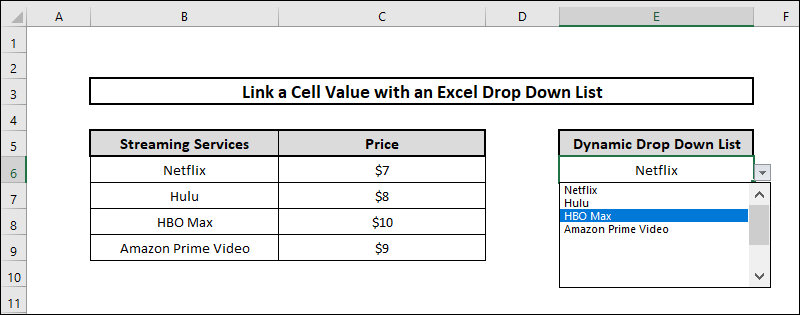 how to link a cell value with an excel drop down list using Dynamic Drop Down List Auto Update