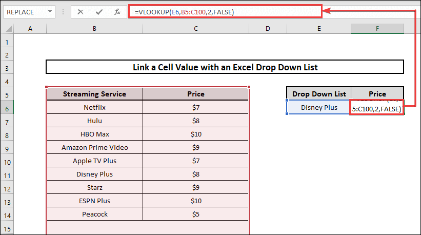 how to link a cell value with an excel drop down list using VLOOKUP Function