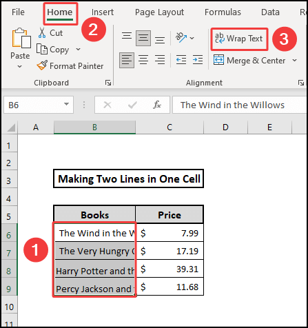 Wrap text to make two lines in one cell