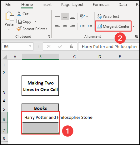 Merge & center to make two lines in one cell