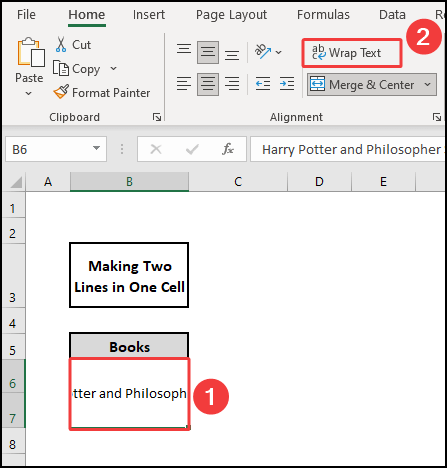 wrap text to make two lines in one cell