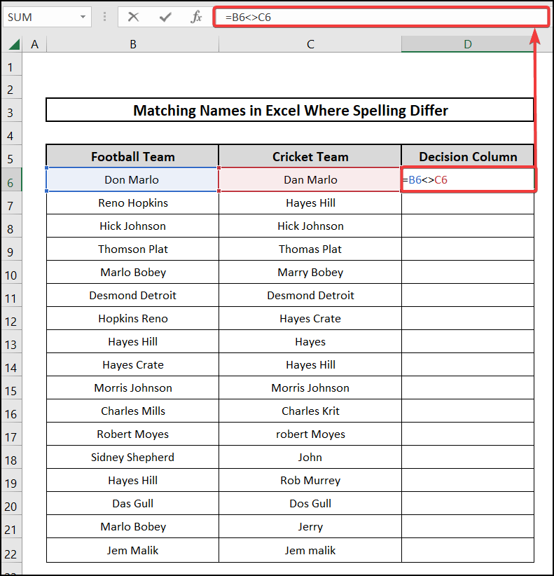 how to match names in excel where spelling differ in the same row