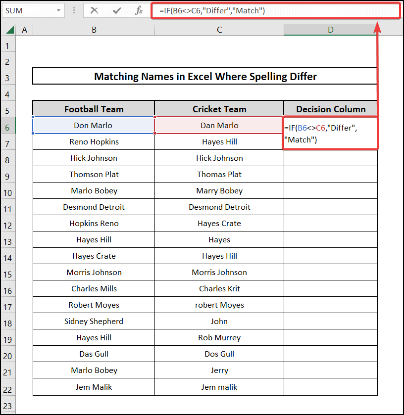 how to match names in excel where spelling differ by Inserting IF Function for both matches and differences 