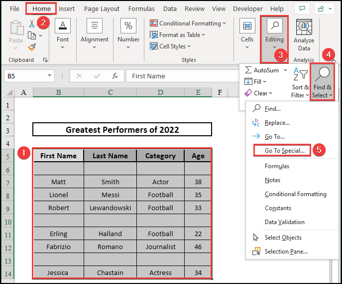 Use of Go To Special feature to remove lines in Excel.