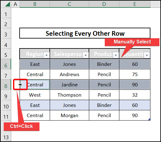 Formatting data as table to select every other row in excel