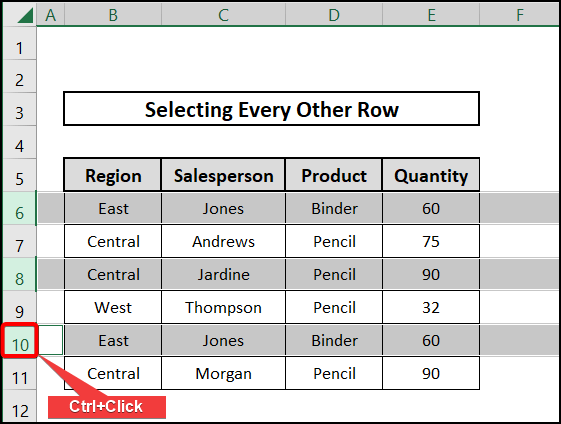 Using keyboard and mouse to select every other row in excel