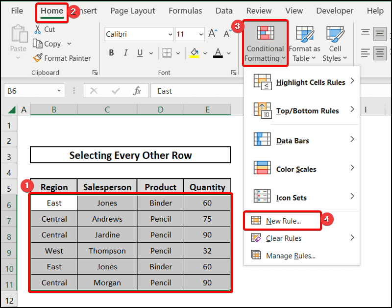 Highlighting to select every other row in excel