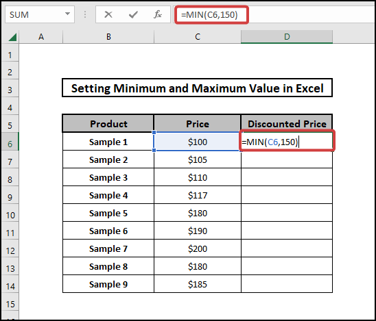 how to set a minimum and maximum value in excel using MIN function