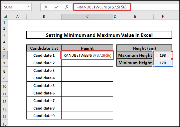 how to set a minimum and maximum value in excel using RANDBETWEEN function