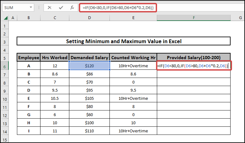 how to set a minimum and maximum value in excel using IF function