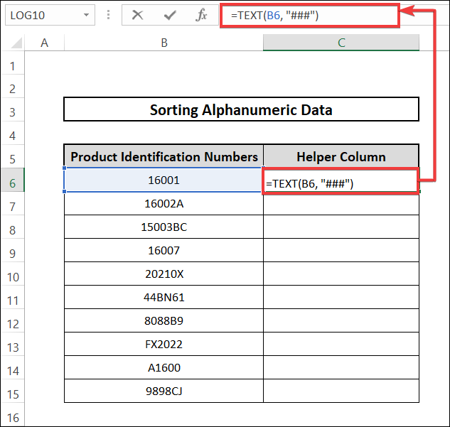 sort alphanumeric data in excel by entering Formula in helper column