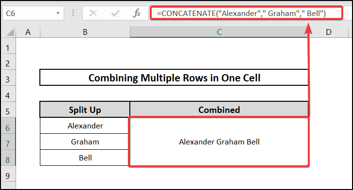 3. Combine Multiple Cells by Using the CONCATENATE and TRANSPOSE Functions