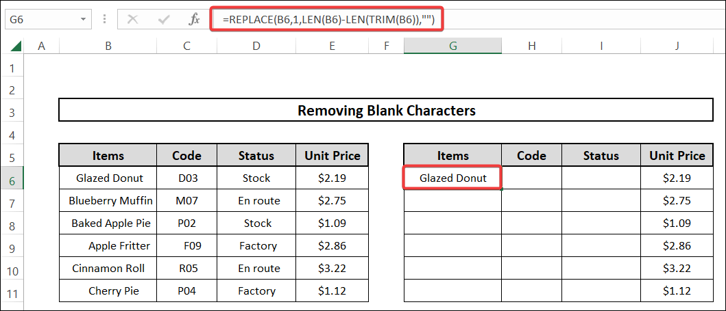 how to remove blank characters utilizing the replace function