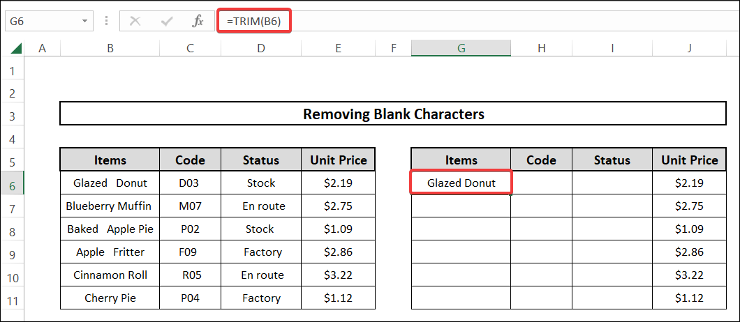 how to remove blank characters using trim function
